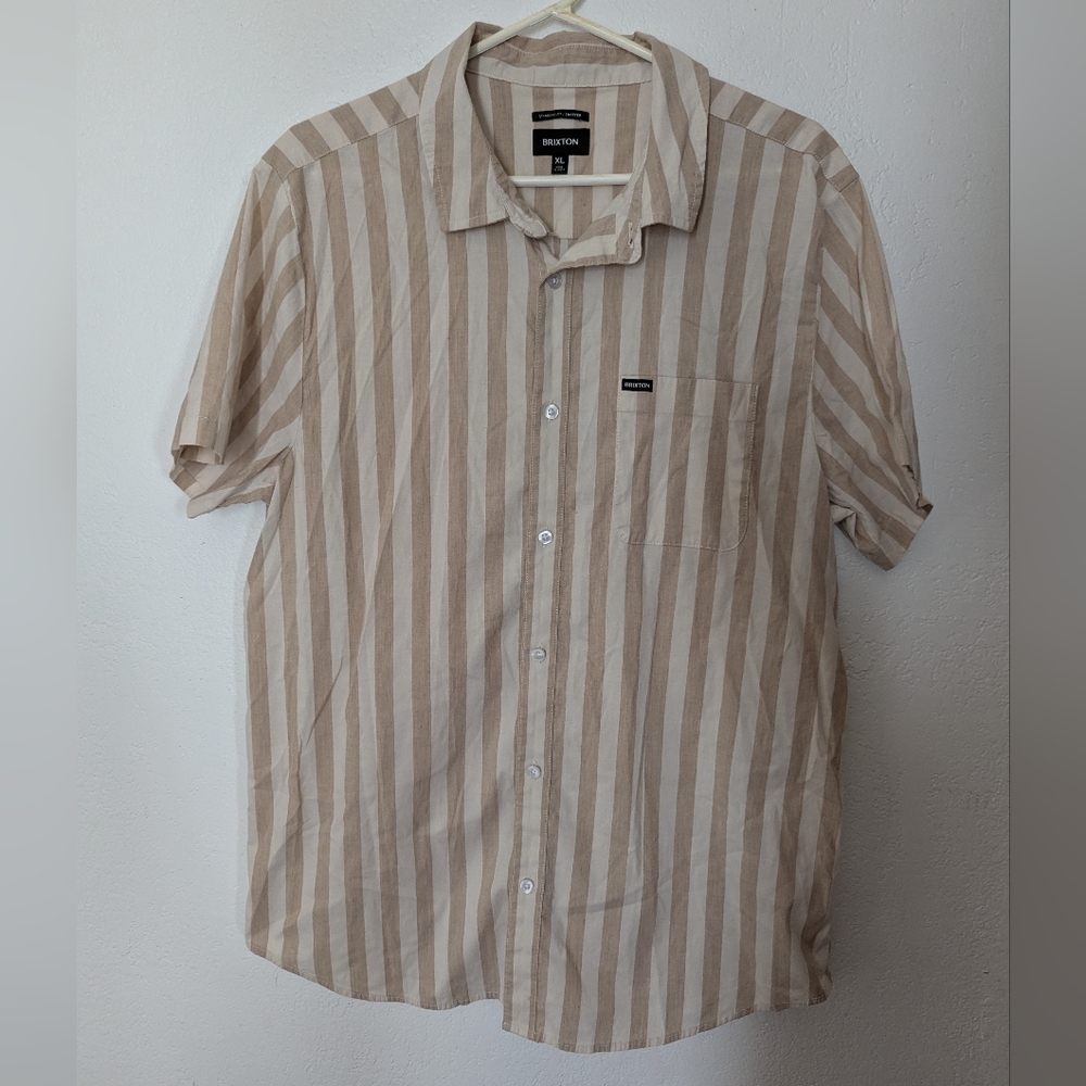 Brixton Beige and Cream Vertical Stripe Short Sleeve Button-Up Shirt